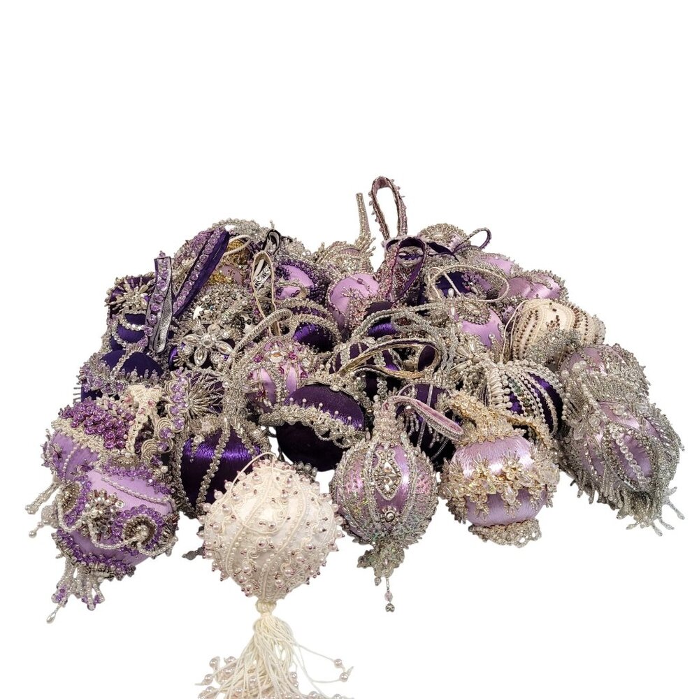Beaded Sequin Push Pin Satin Christmas Ornaments Lot 35 Handmade Purple Lavender - Picture 2 of 10